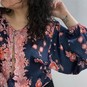 Free People Navy Floral Keyhole Twist Blouse